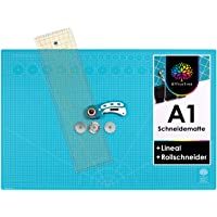OfficeTree® Set de Estera para Corte - 90x60 cm (A1) Azul + Cortador rotatorio + Regla 60 x 16 cm Trabajos de Corte…